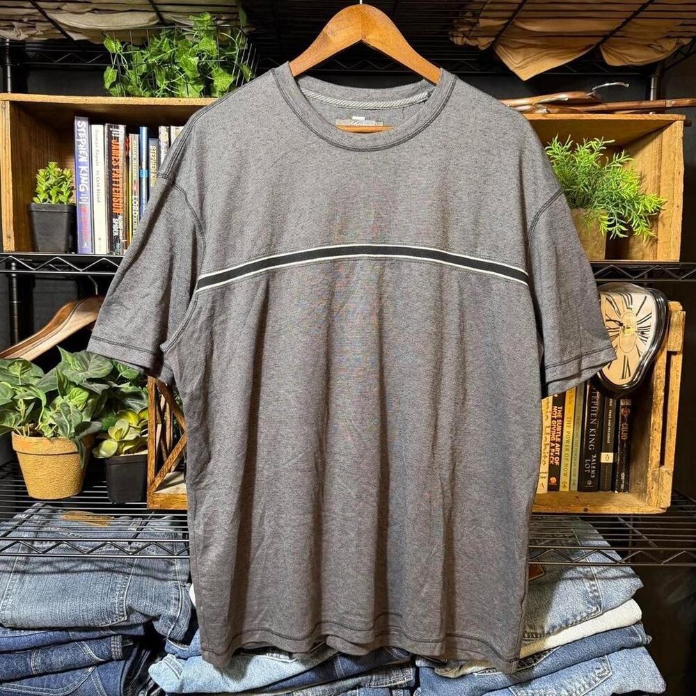 Vintage Y2K Striped Surf Tee Gray Black Surfer Skater Shirt Mens XL